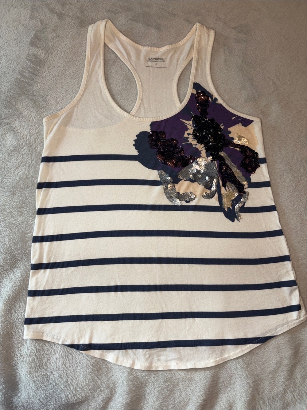 Express White & Navy Striped Racerback Tank with Sequin Floral Accent